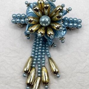 Vtg 80s Hair Clip Beaded Faux Pearl Dangle Blue & Gold Flower Barrette Wedding